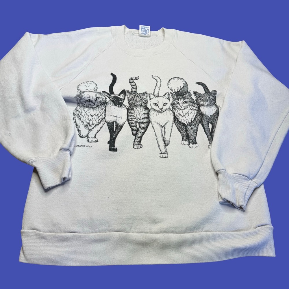 1986 A Grupke Cats Sweatshirt Large White 2 Sided Made USA Distressed Vintage